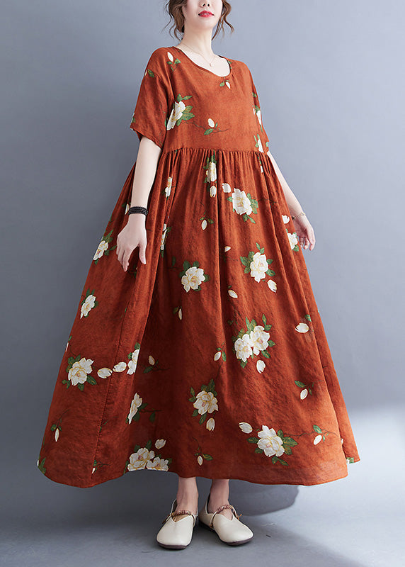 Rust O-neck Patchwork Print Vacation Maxi Dresses Short Sleeve
