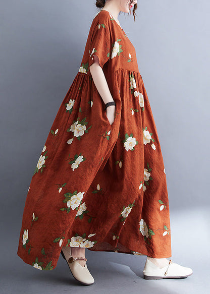 Rust O-neck Patchwork Print Vacation Maxi Dresses Short Sleeve