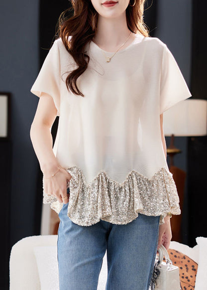 Short Sleeve Apricot O-neck Sequins Patchwork