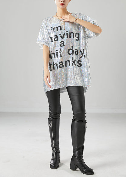 Silver Sequins Oversized Letter Print Tanks Summer