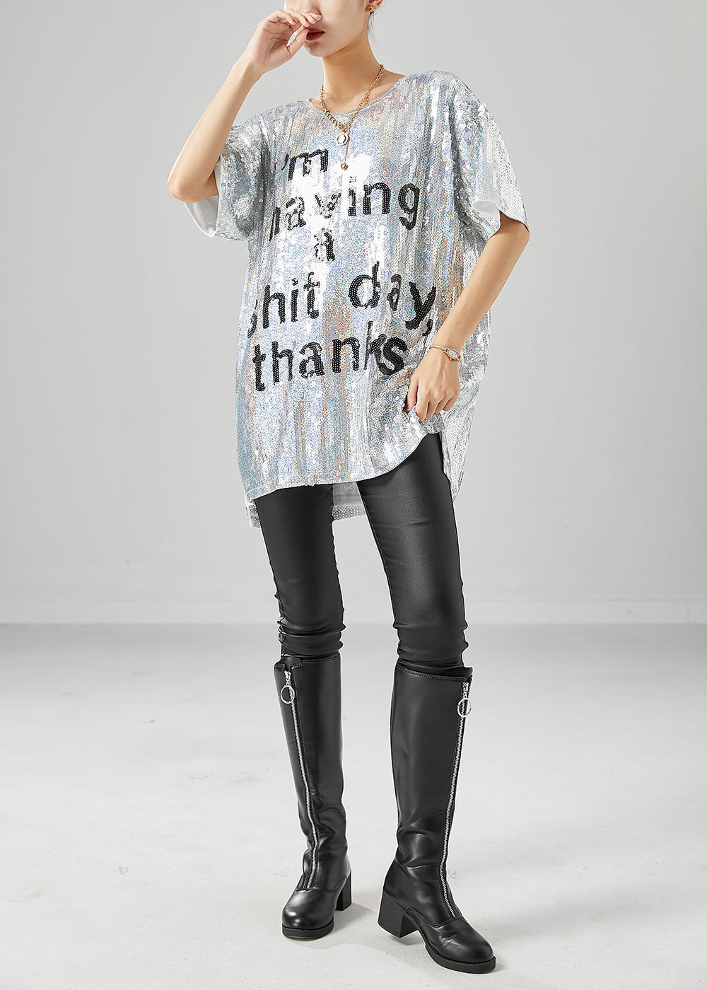 Silver Sequins Oversized Letter Print Tanks Summer
