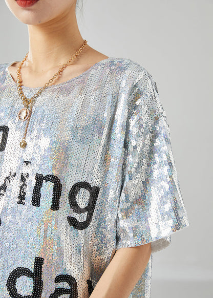 Silver Sequins Oversized Letter Print Tanks Summer