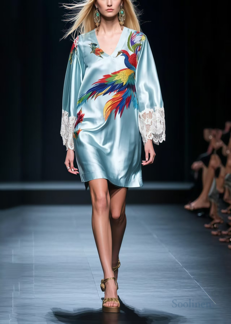Sky Blue Phoenix Print Patchwork Lace Tea Dresses Summer