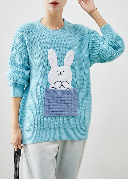 Sky Blue Thick Patchwork Rabbit Knitted Tops Winter