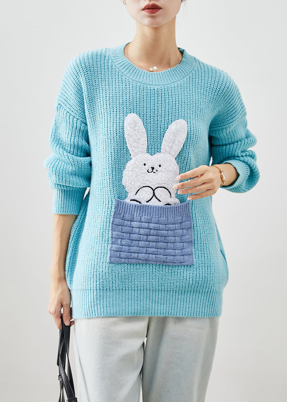 Sky Blue Thick Patchwork Rabbit Knitted Tops Winter