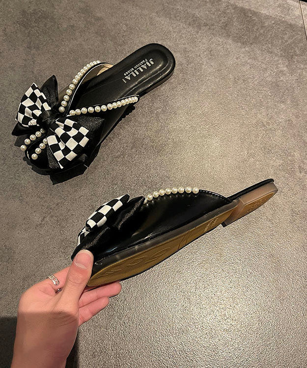 Slide Sandals Black Splicing Plaid Bow Nail Bead