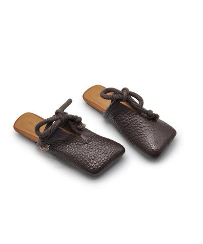 Splicing Brown Faux Leather Slide Sandals Lace Up
