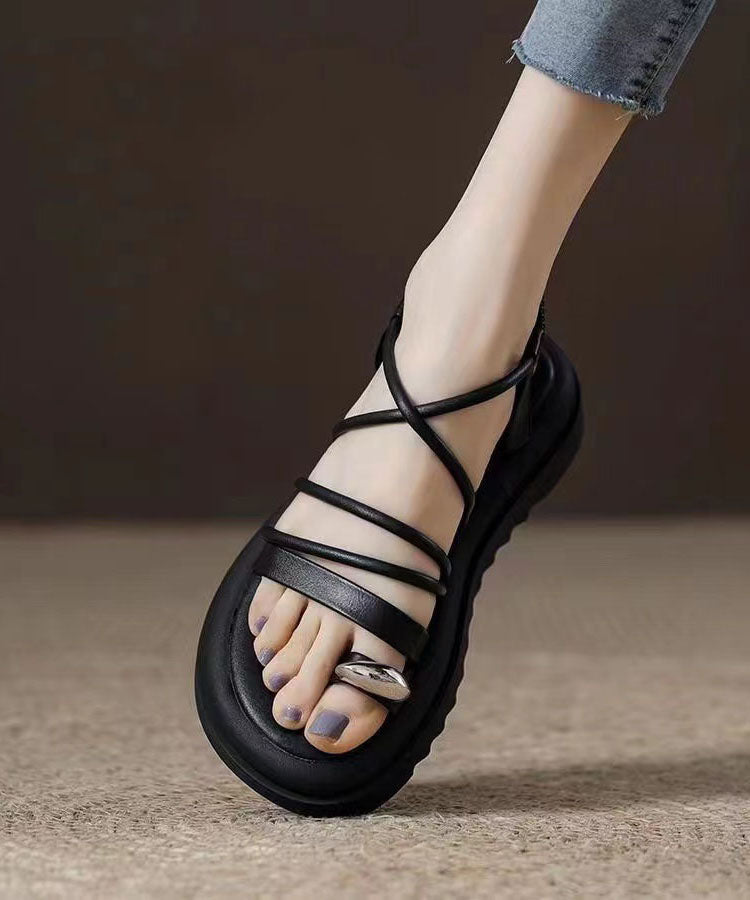 Splicing Platform Sandals Black Cowhide Leather Peep Toe