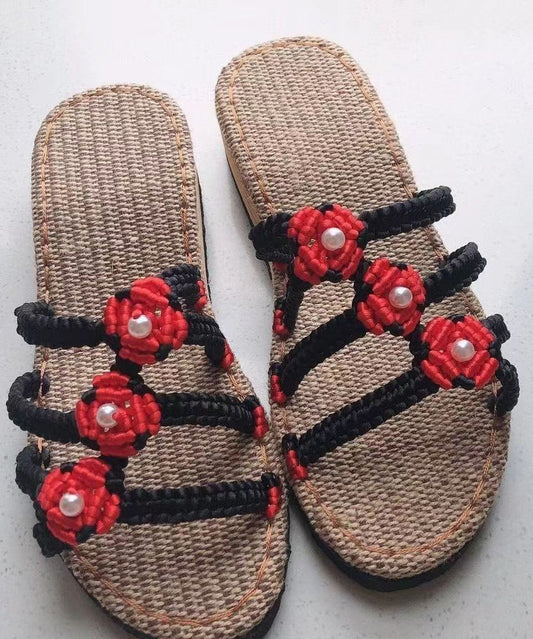 Splicing Wedge Black Knit Fabric Slide Sandals Peep Toe Soolinen Shoes-20251