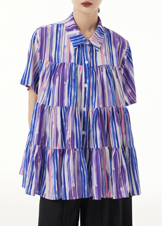 Striped Peter Pan Collar Wrinkled Patchwork Silk Cotton Blouse Summer