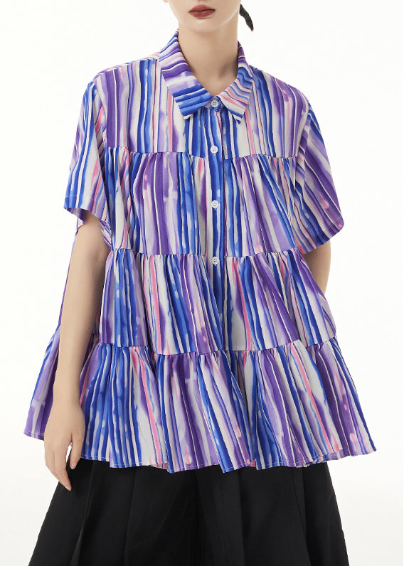 Striped Peter Pan Collar Wrinkled Patchwork Silk Cotton Blouse Summer