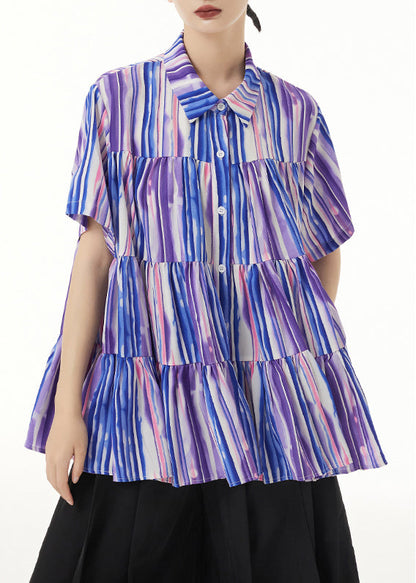 Striped Peter Pan Collar Wrinkled Patchwork Silk Cotton Blouse Summer