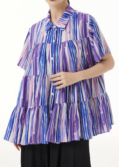 Striped Peter Pan Collar Wrinkled Patchwork Silk Cotton Blouse Summer