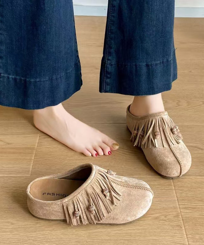 Tassel Splicing Wedge Khaki Suede Slide Sandals