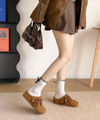 Tassel Splicing Wedge Khaki Suede Slide Sandals