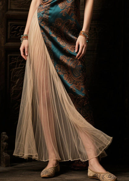 Tea Green Asymmetrical Patchwork Tulle Silk Vacation Dresses Summer