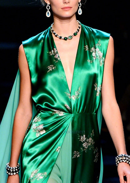 Tea Green Print Patchwork Chiffon Fake Two Piece Dress Summer