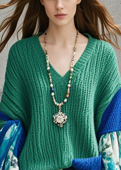 Tea Green V Neck Patchwork Print Sweater Tops Fall