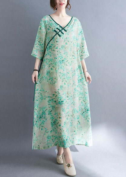 V Neck Print Button Side Open Holiday Dress Three Quarter Sleeve