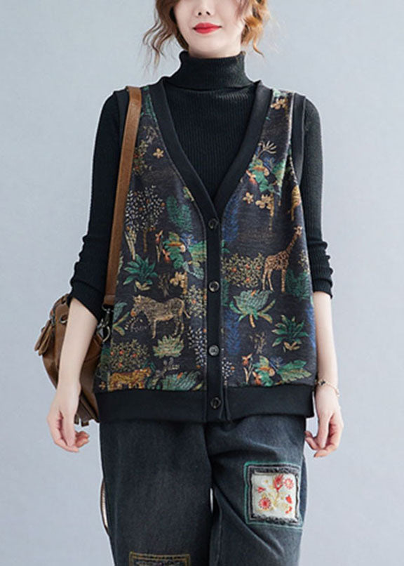 V Neck Print Button Warm Fleece Waistcoatt Winter