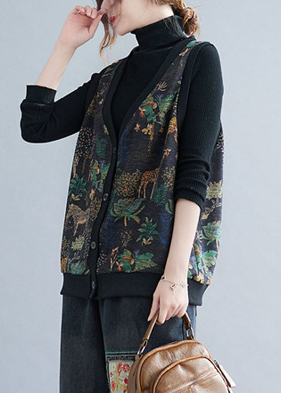V Neck Print Button Warm Fleece Waistcoatt Winter