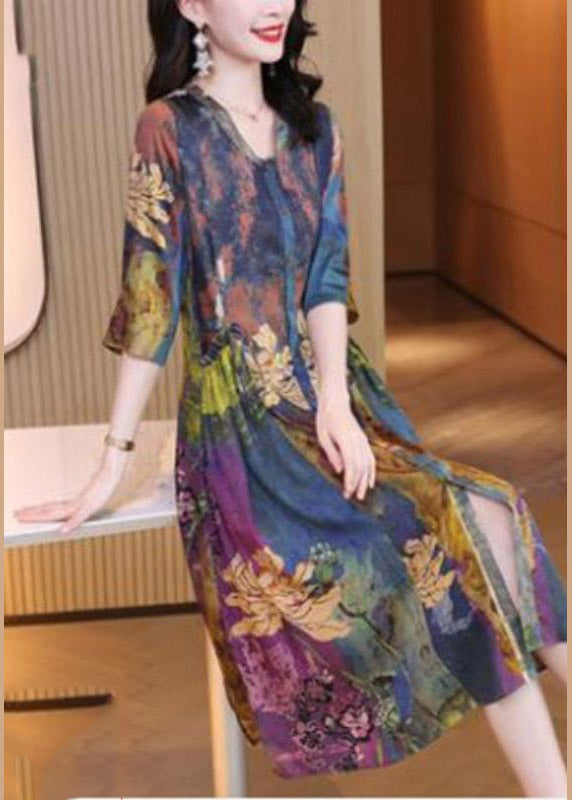 V Neck Print Cinched Button Dresses Half Sleeve