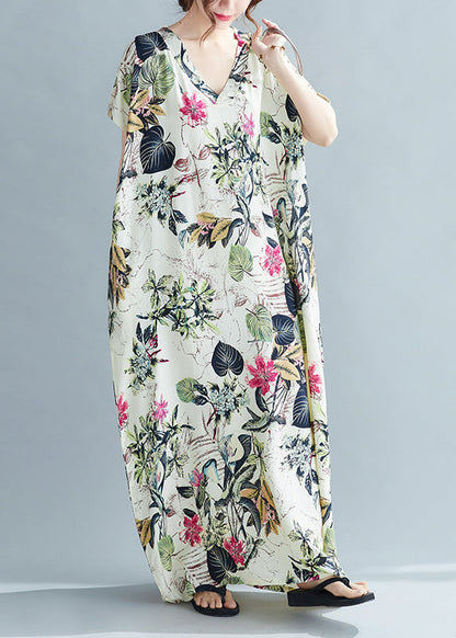 V Neck Print Cozy Maxi Dress Short Sleeve