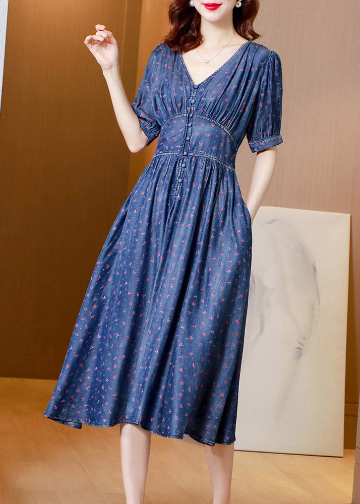 V Neck Print Tunic Silk Denim Long Dress Short Sleeve