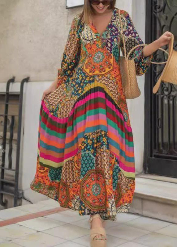 V Neck Print Wrinkled Cotton Long Dress Spring