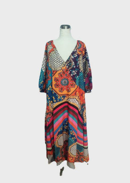 V Neck Print Wrinkled Cotton Long Dress Spring
