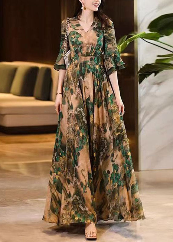 V Neck Print Wrinkled Patchwork Chiffon Long Dress Summer