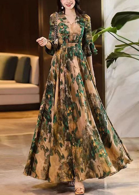 V Neck Print Wrinkled Patchwork Chiffon Long Dress Summer