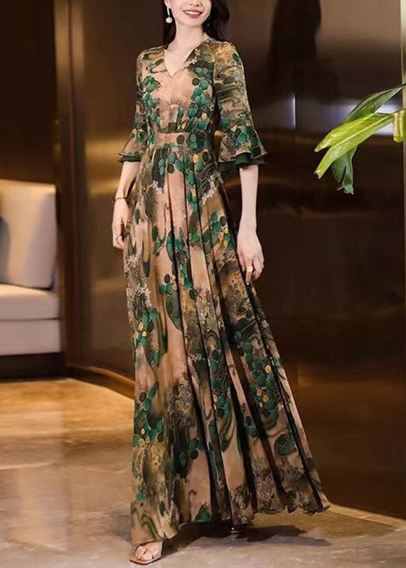 V Neck Print Wrinkled Patchwork Chiffon Long Dress Summer