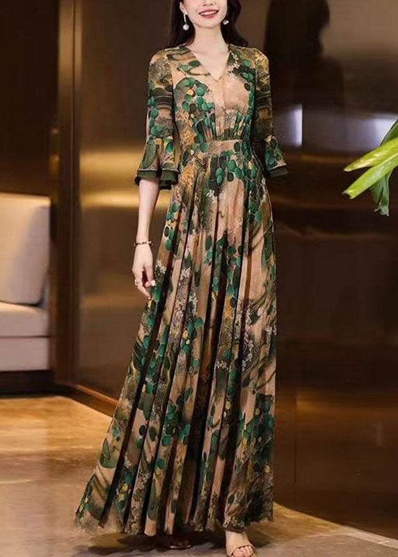 V Neck Print Wrinkled Patchwork Chiffon Long Dress Summer