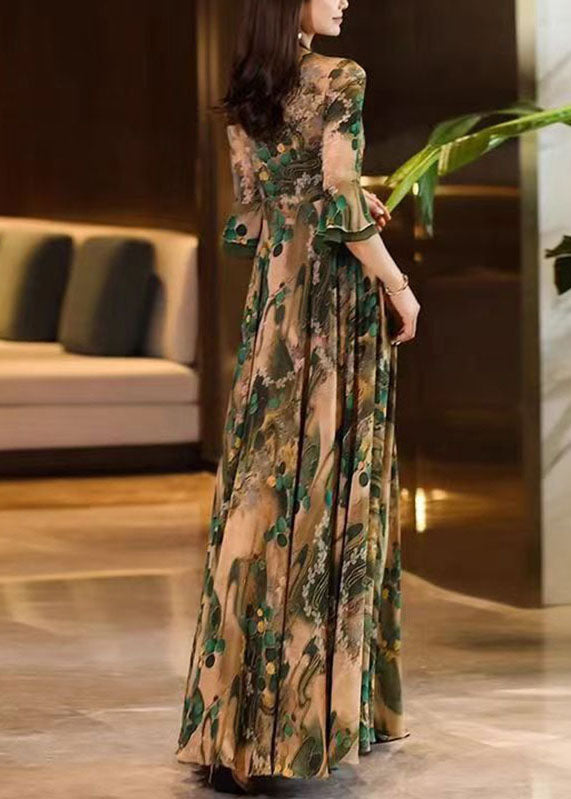 V Neck Print Wrinkled Patchwork Chiffon Long Dress Summer