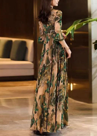V Neck Print Wrinkled Patchwork Chiffon Long Dress Summer