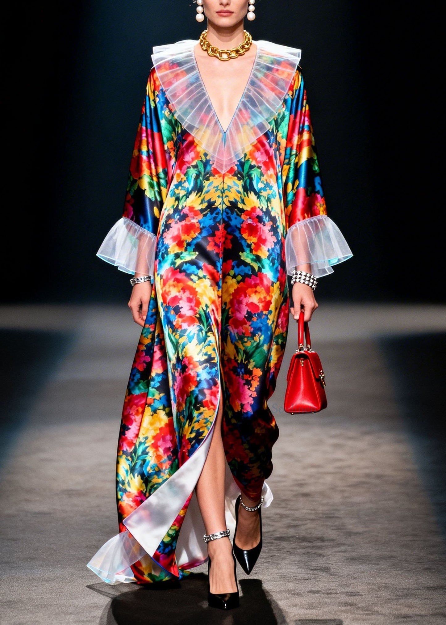 V Neck Ruffled Print Patchwork Chiffon Robe Dresses Spring