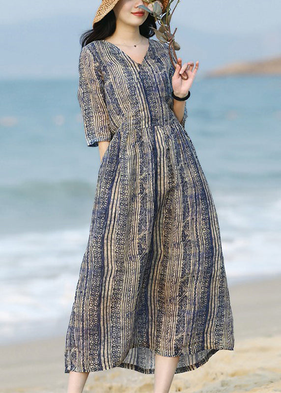 V Neck Striped Print Patchwork Ramie Long Dress Summer