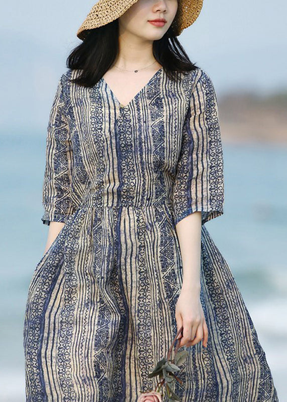 V Neck Striped Print Patchwork Ramie Long Dress Summer