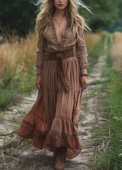 V Neck Wrinkled Patchwork Cotton Long Dress Spring