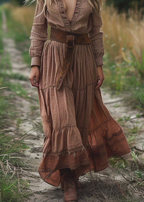 V Neck Wrinkled Patchwork Cotton Long Dress Spring