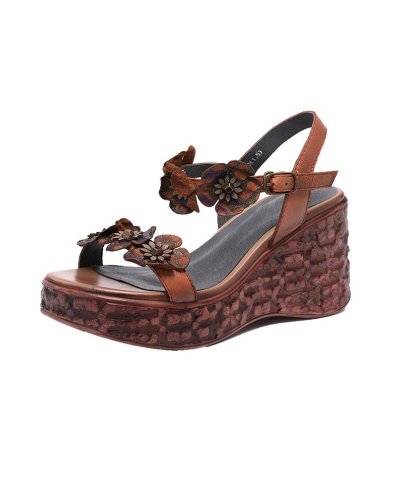 Wedge Sandals Peep Toe Brown Cowhide Leather