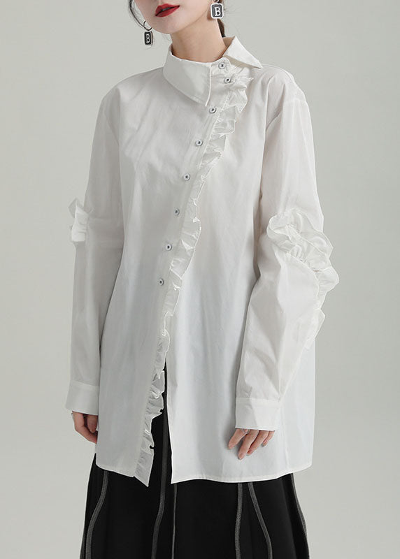 White Asymmetrical Design Ruffled Cotton Blouse Top Fall
