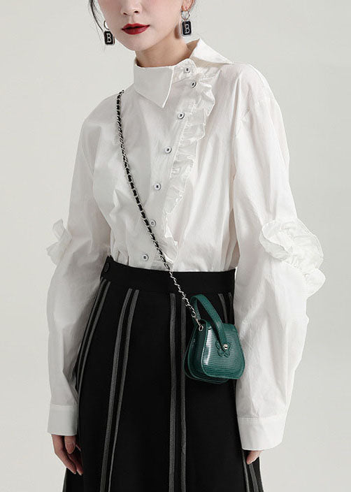 White Asymmetrical Design Ruffled Cotton Blouse Top Fall