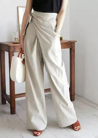 White Asymmetrical Side Tie Waist Linen Straight Pants Fall