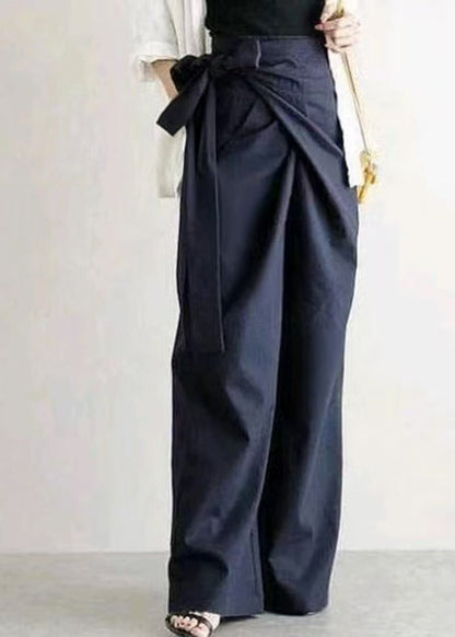 White Asymmetrical Side Tie Waist Linen Straight Pants Fall