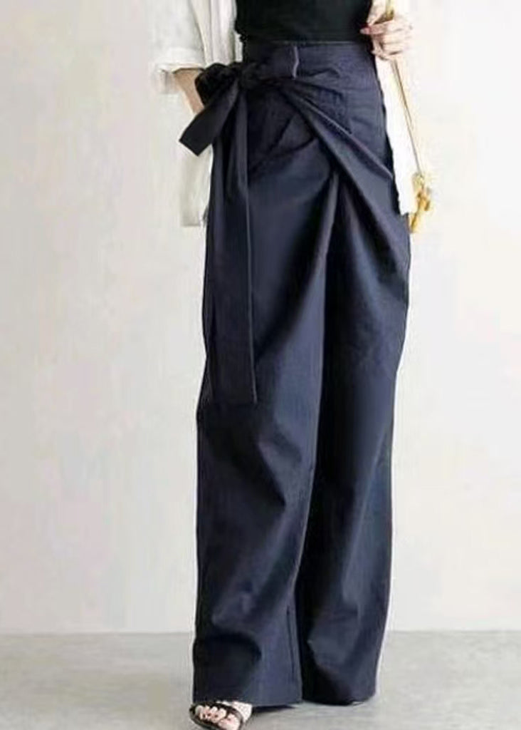 White Asymmetrical Side Tie Waist Linen Straight Pants Fall