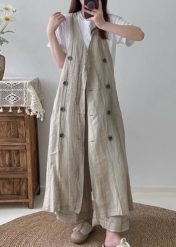White Double Breast Wrinkled Linen Long Vest Fall