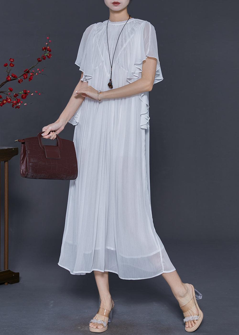 White Draping Chiffon Robe Dresses Cloak Sleeves