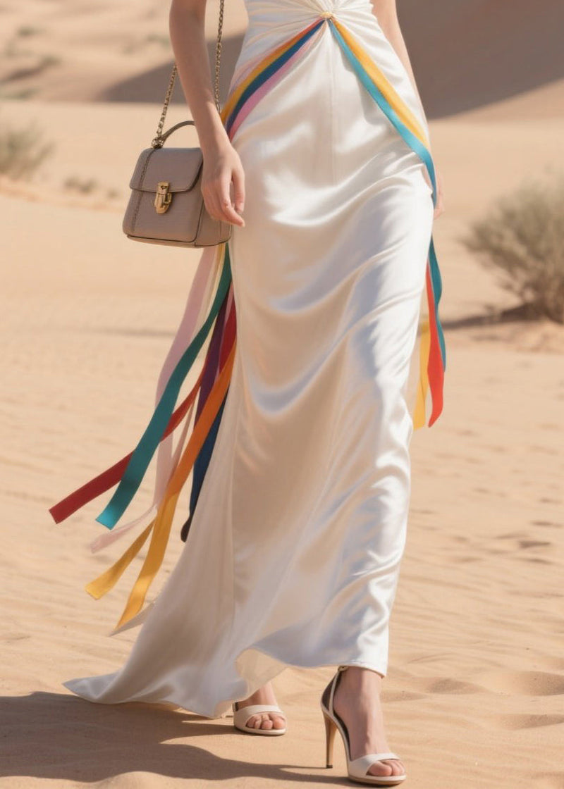 White Draping Patchwork Multicolour Ribbon Silk Party Dress Summer